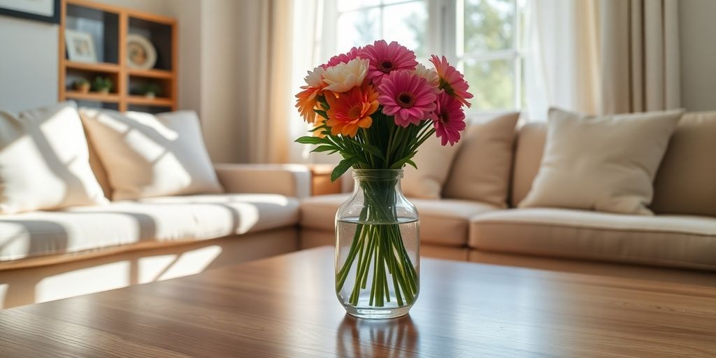 Sunlit, tidy living room with fresh flowers.