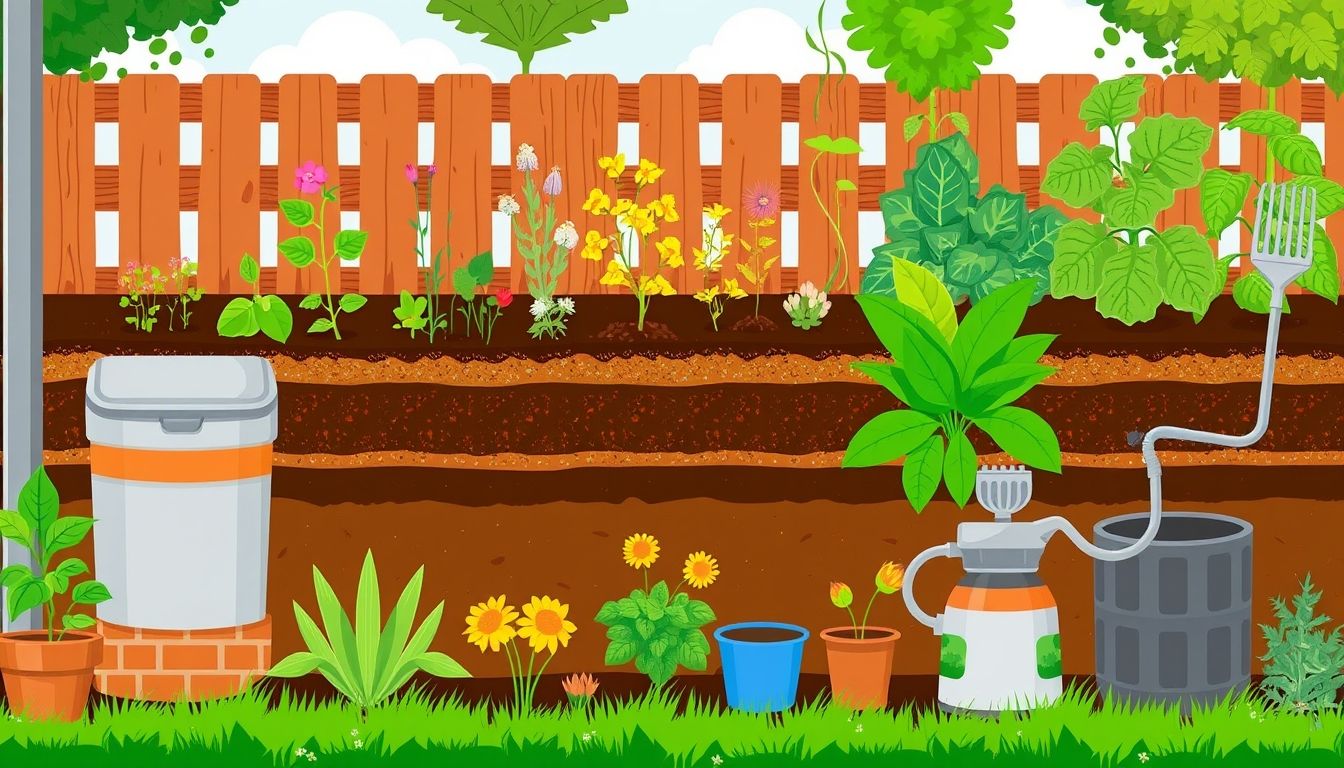 Illustrative garden with healthy soil, plants, and eco-friendly tools.
