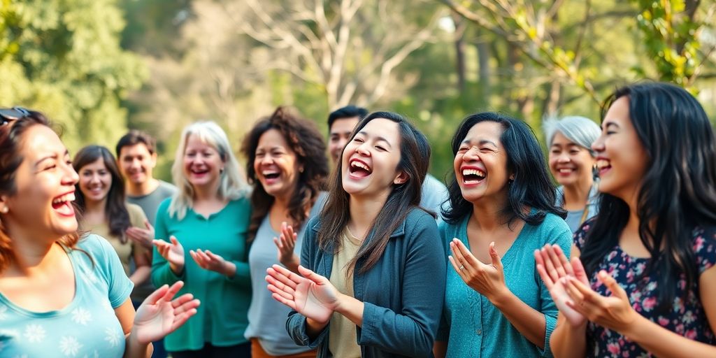 Vrolijke mensen die samen lachyoga beoefenen buiten.