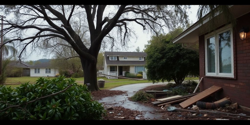 Storm damage aftermath with broken trees and debris.
