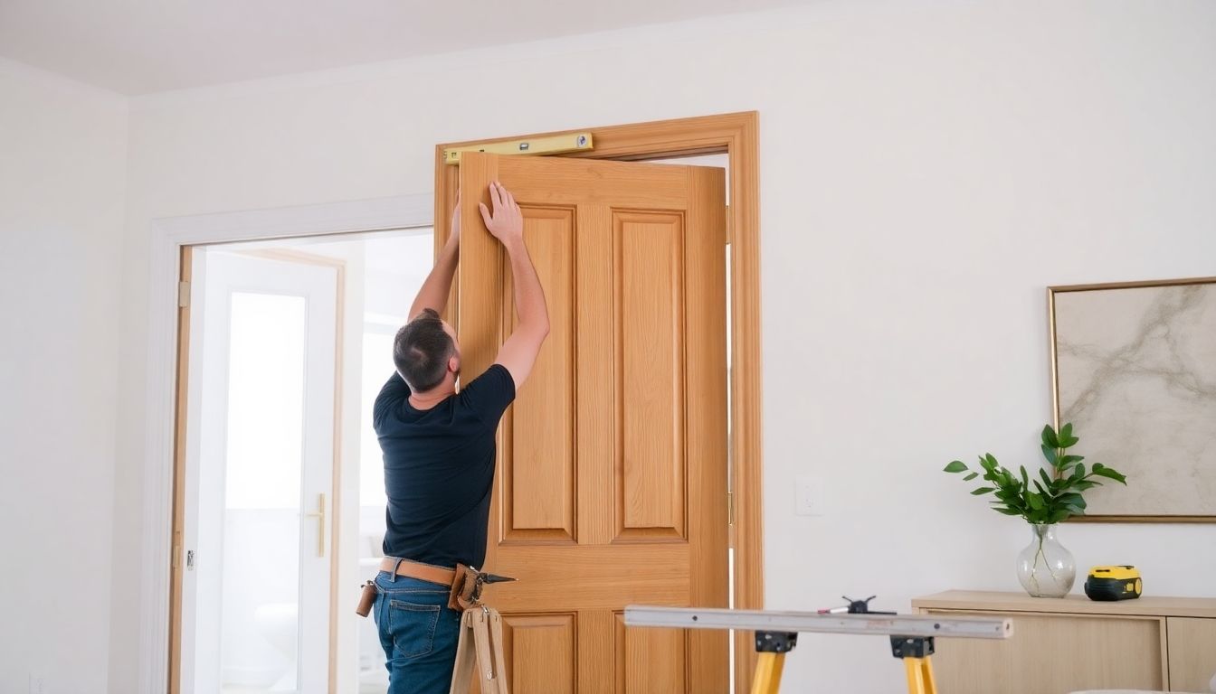 Carpenter installing a wooden door in a home.