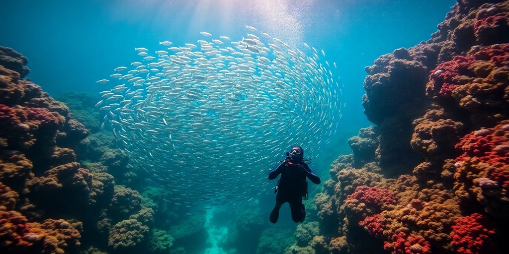 Vibrant coral reef teeming with diverse marine life.