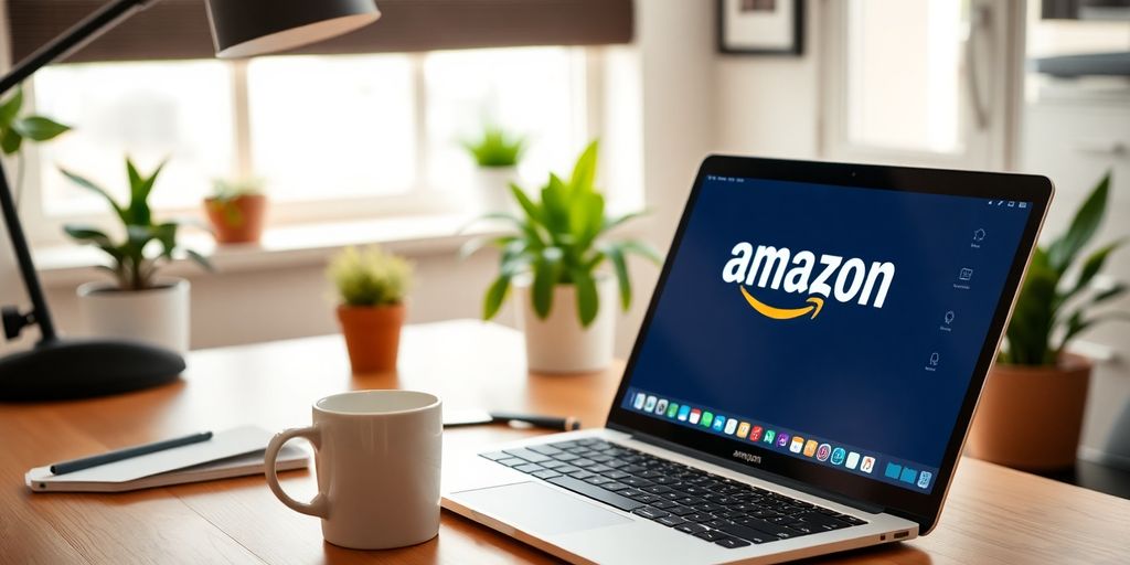 Cozy home office with laptop, coffee, and plants.