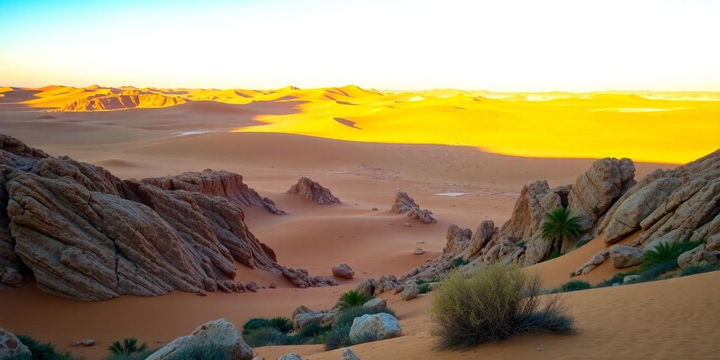Golden sand dunes and rocky formations in Agafay Desert.