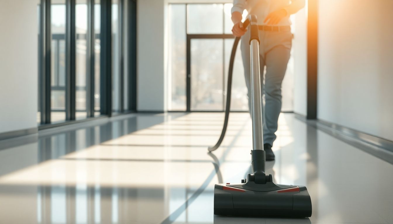 Person vacuuming a clean, modern office space.