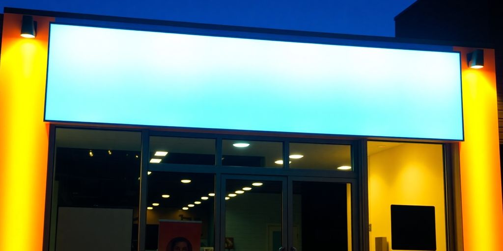 Bright LED light illuminating a storefront window.