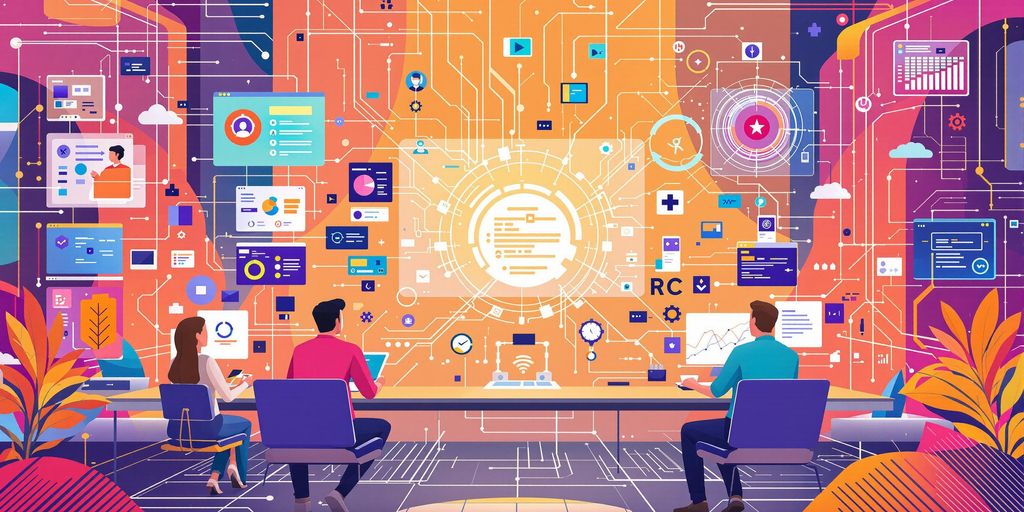 Futuristic workspace with automation tools and diverse teams.