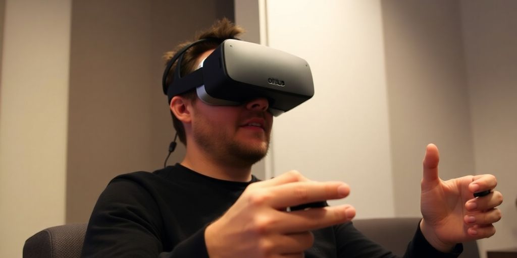 Man wearing VR headset, hands on controllers.