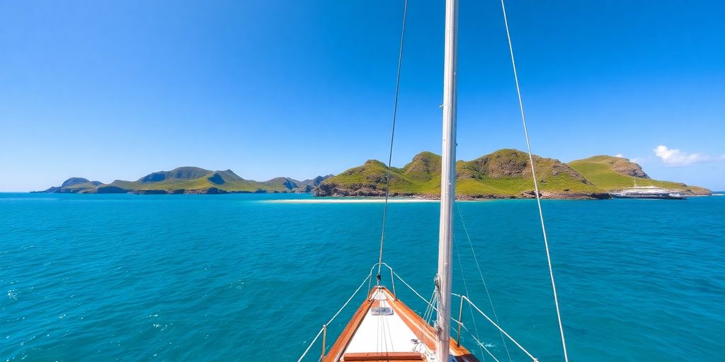 Sailing boat in Komodo's turquoise waters with green islands.
