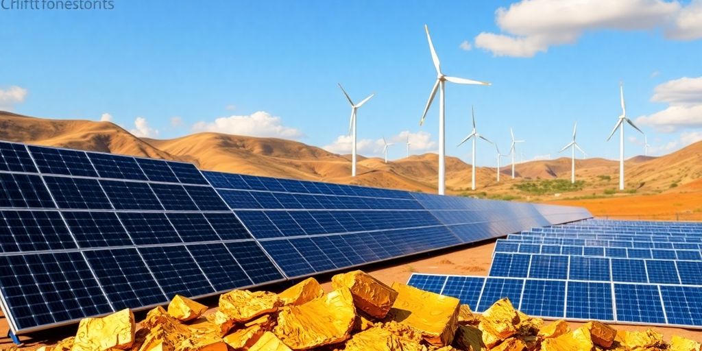 Panneaux solaires et éoliennes avec des dépôts d'or.