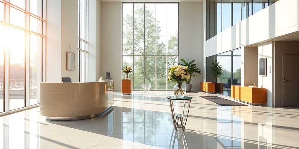 Sparkling clean office lobby, polished floors, pristine surfaces.
