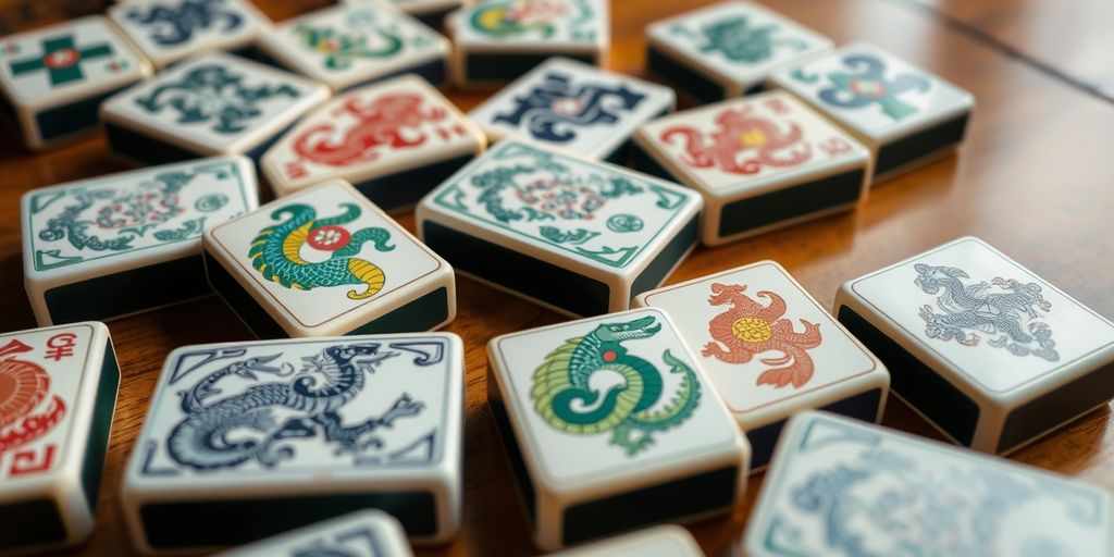 Dragon tiles from Mahjong set on wooden table.