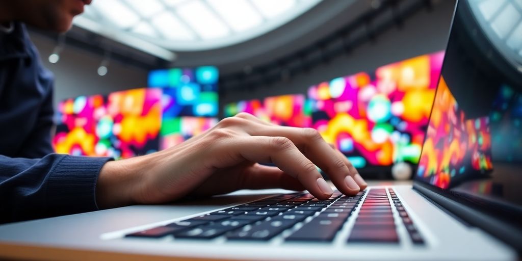 Person using a laptop, multiple screens, vibrant colors.