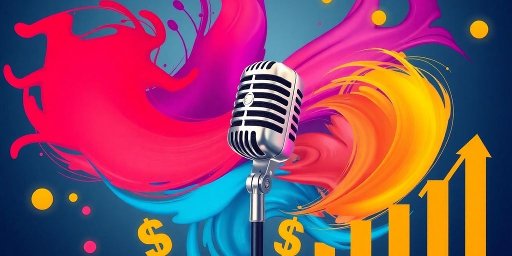 Microphone with dollar signs and rising bar charts.