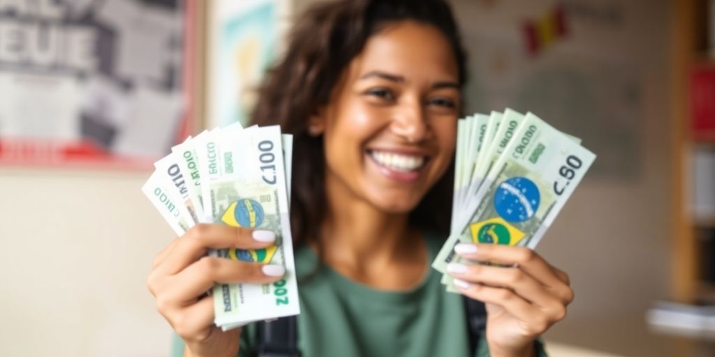 Pessoa sorrindo com dinheiro na mão.