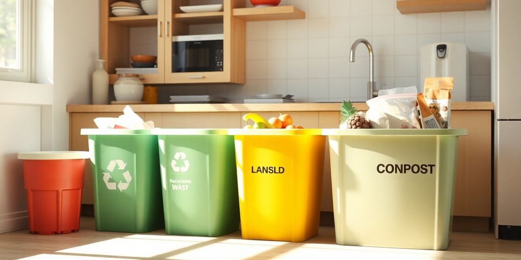 Colorful bins for waste separation.