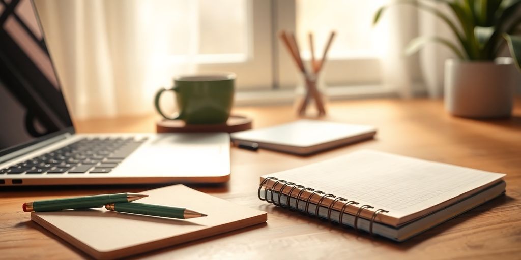 A cozy workspace with a laptop and notepad.