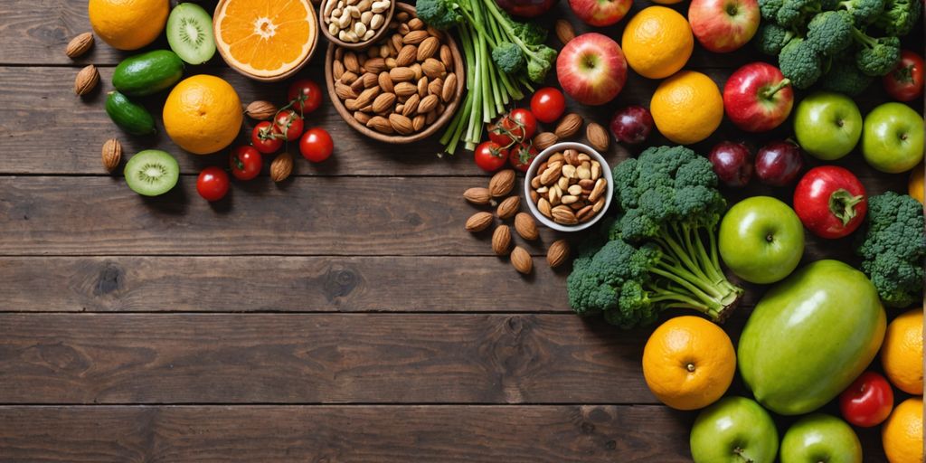 Fresh fruits, vegetables, and nuts on a wooden table.