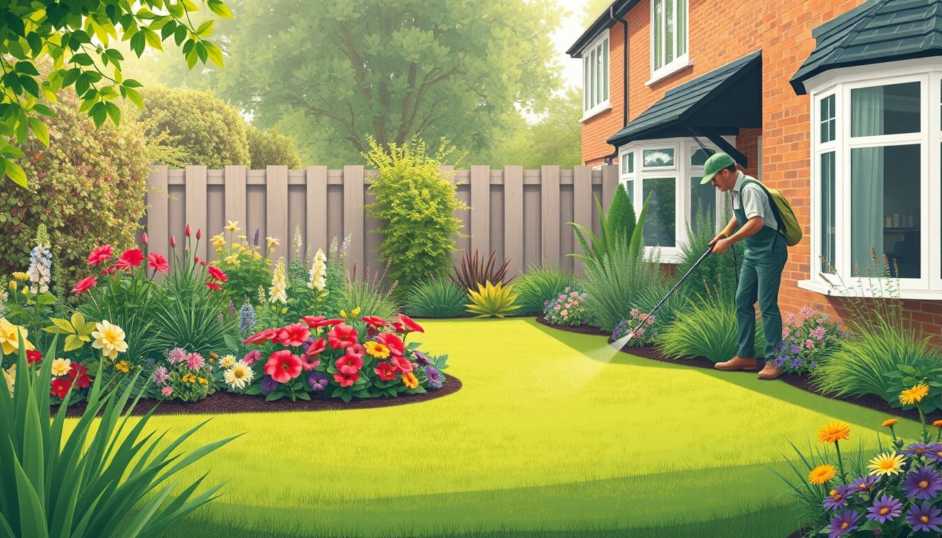 Gardener spraying weeds in a lush garden.