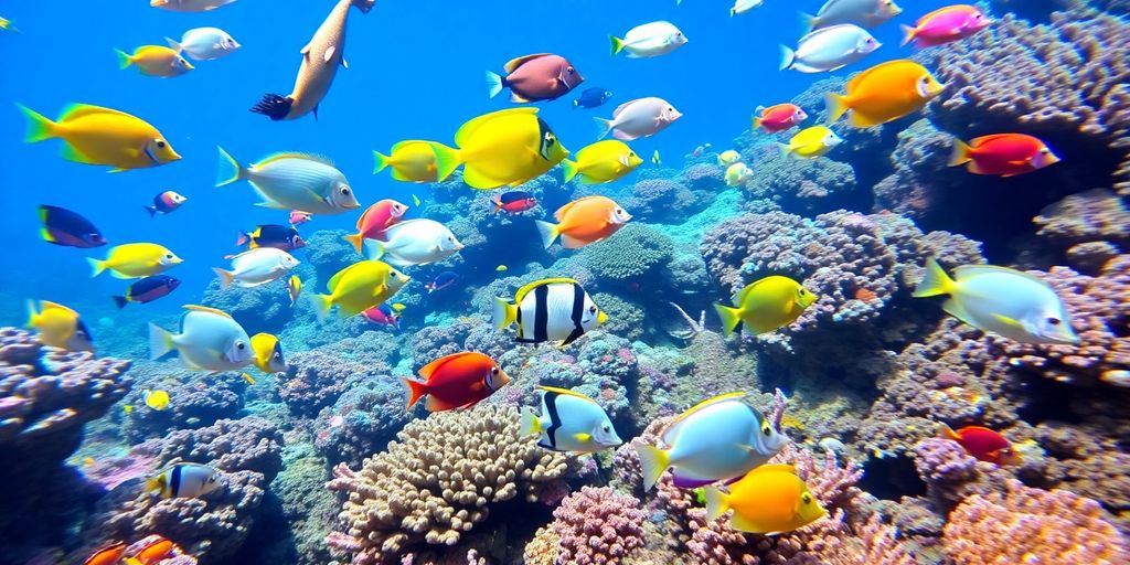 Colorful reef fish swimming in a coral reef.