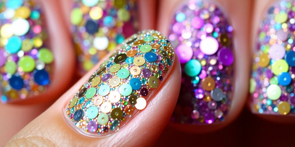 Unhas brilhosas com lantejoulas coloridas e texturizadas.