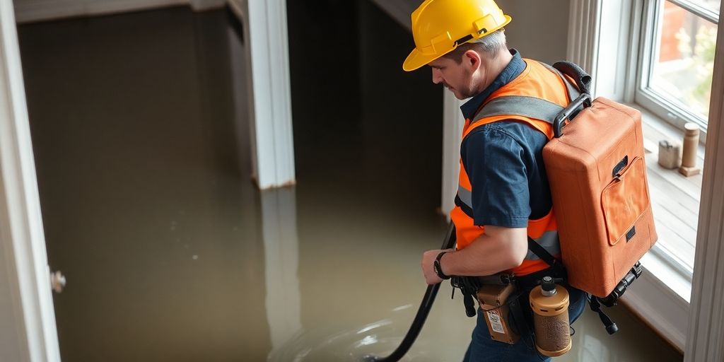 Water damage restoration technician working in a flooded room.