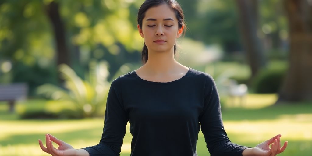Person meditating, serene, outdoors, natural light.