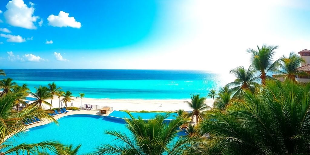 Luxury resort pool, clear blue sky, palm trees, ocean view.