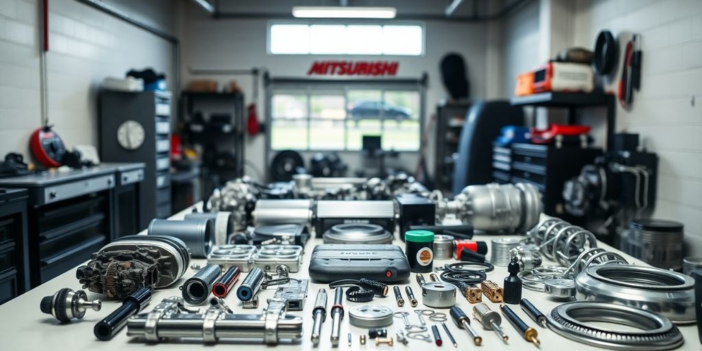 Mitsubishi car parts organized neatly.