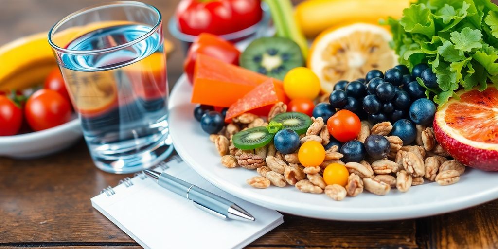 A healthy meal with fruits, vegetables, and nuts.