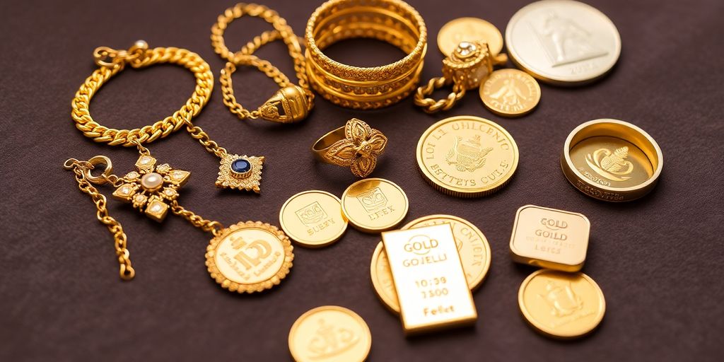 Collection de bijoux et pièces en or sur velours.