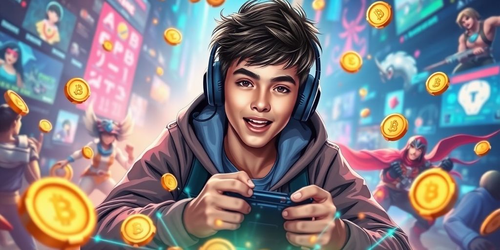 Gamer in vibrant virtual world with digital assets.