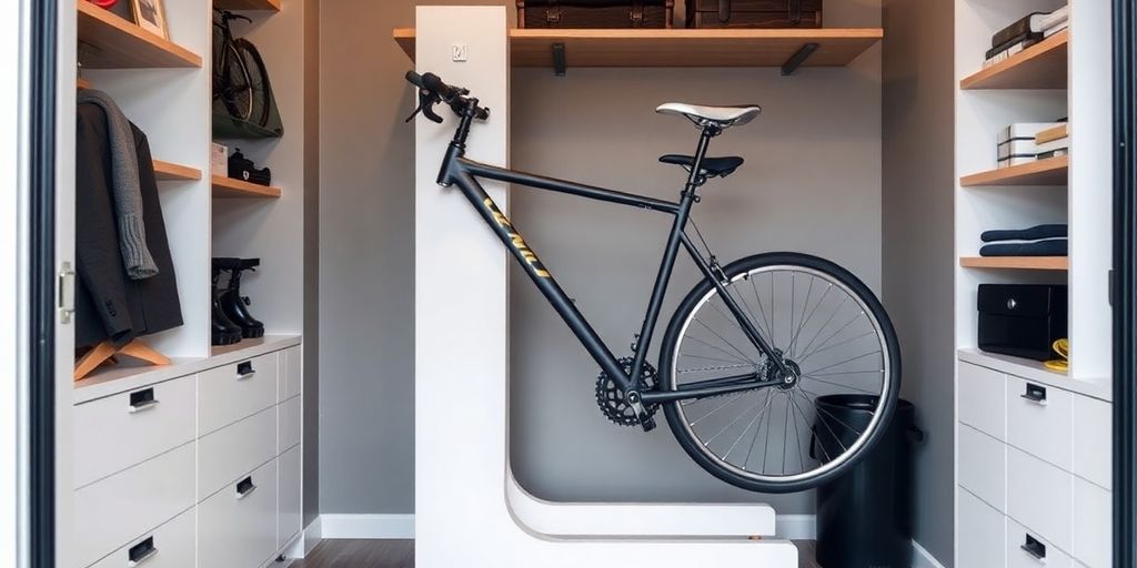 Modern bike storage rack holding bicycles in a compact space.