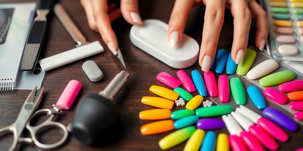 Hands preparing press-on nails with tools and colorful nails.
