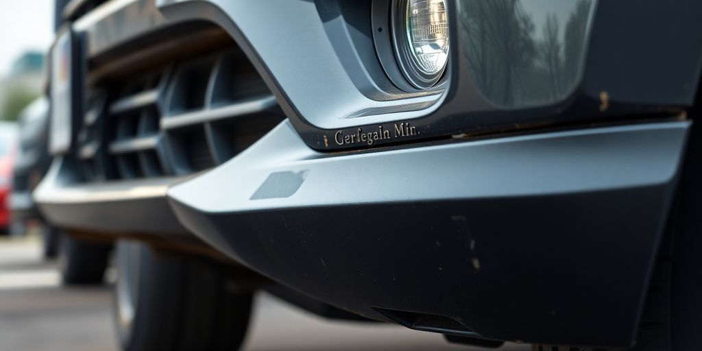 Autoinspektion: Nahaufnahmen von Stoßstangen, Spiegeln und Reifen.