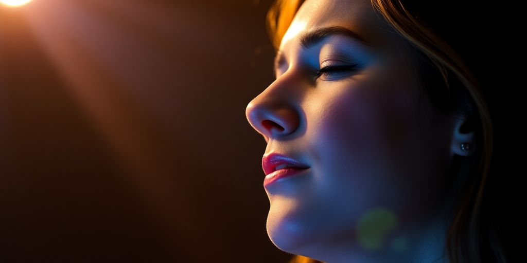 A person singing with eyes closed, looking inspired.