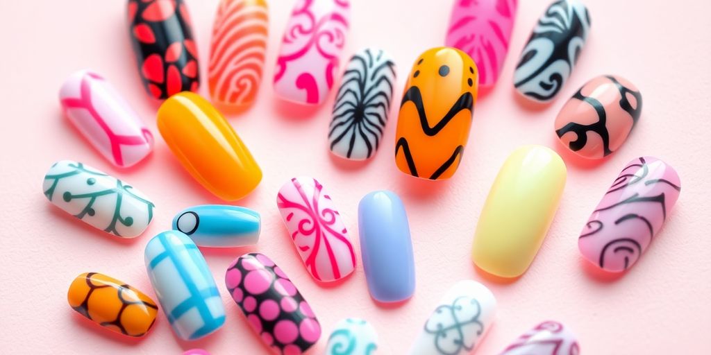 Unhas postiças autocolantes em fundo pastel.