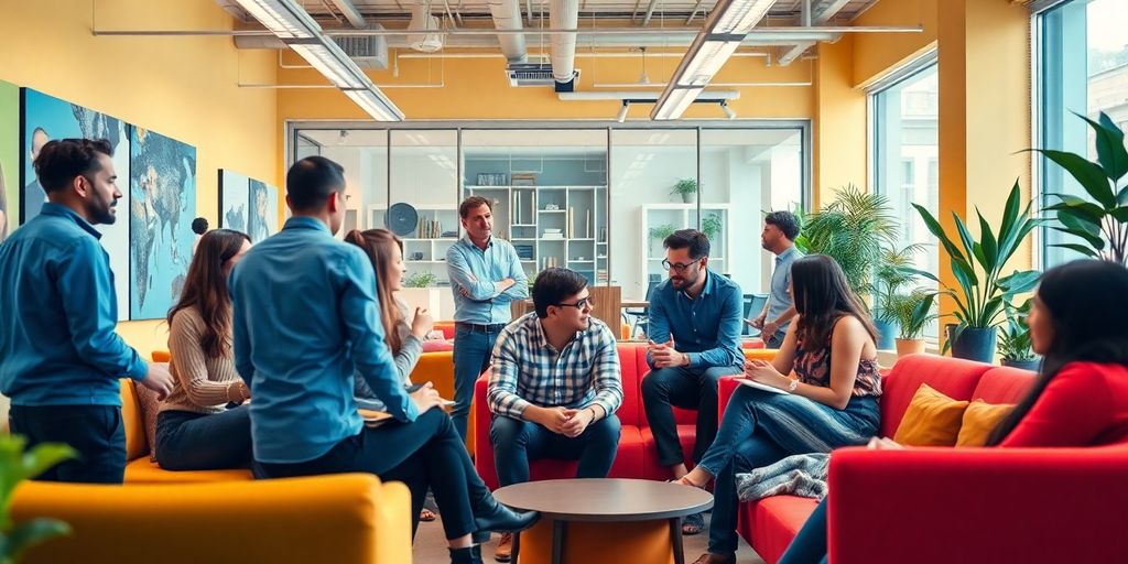 Diverse team collaborating in a modern startup office.