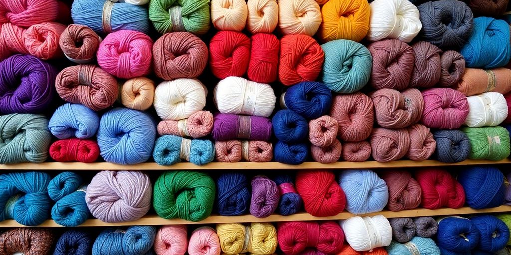 Colorful yarn skeins neatly arranged on shelves.