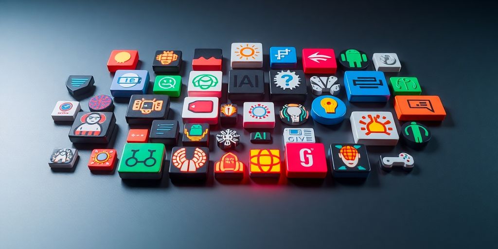 Collection of creative AI agent icons in vibrant colors.