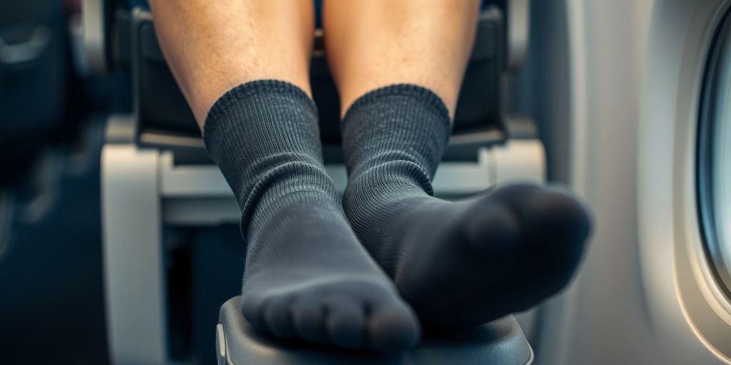 Traveler wearing compression socks on an airplane.