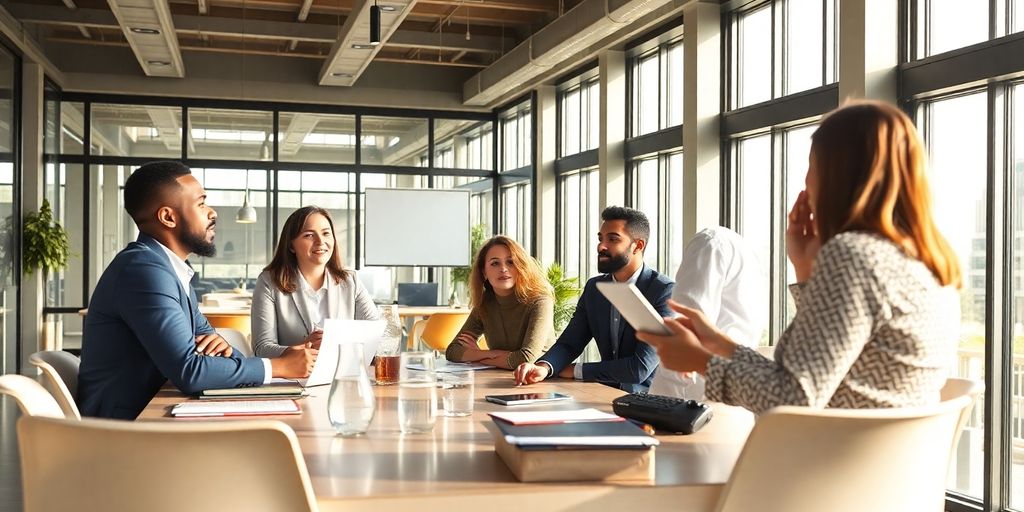 Diverse entrepreneurs collaborating in a bright office space.