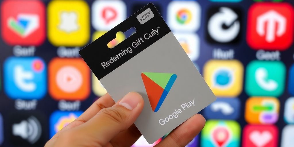 يد تحمل بطاقة هدايا Google Play مع أيقونات التطبيقات.