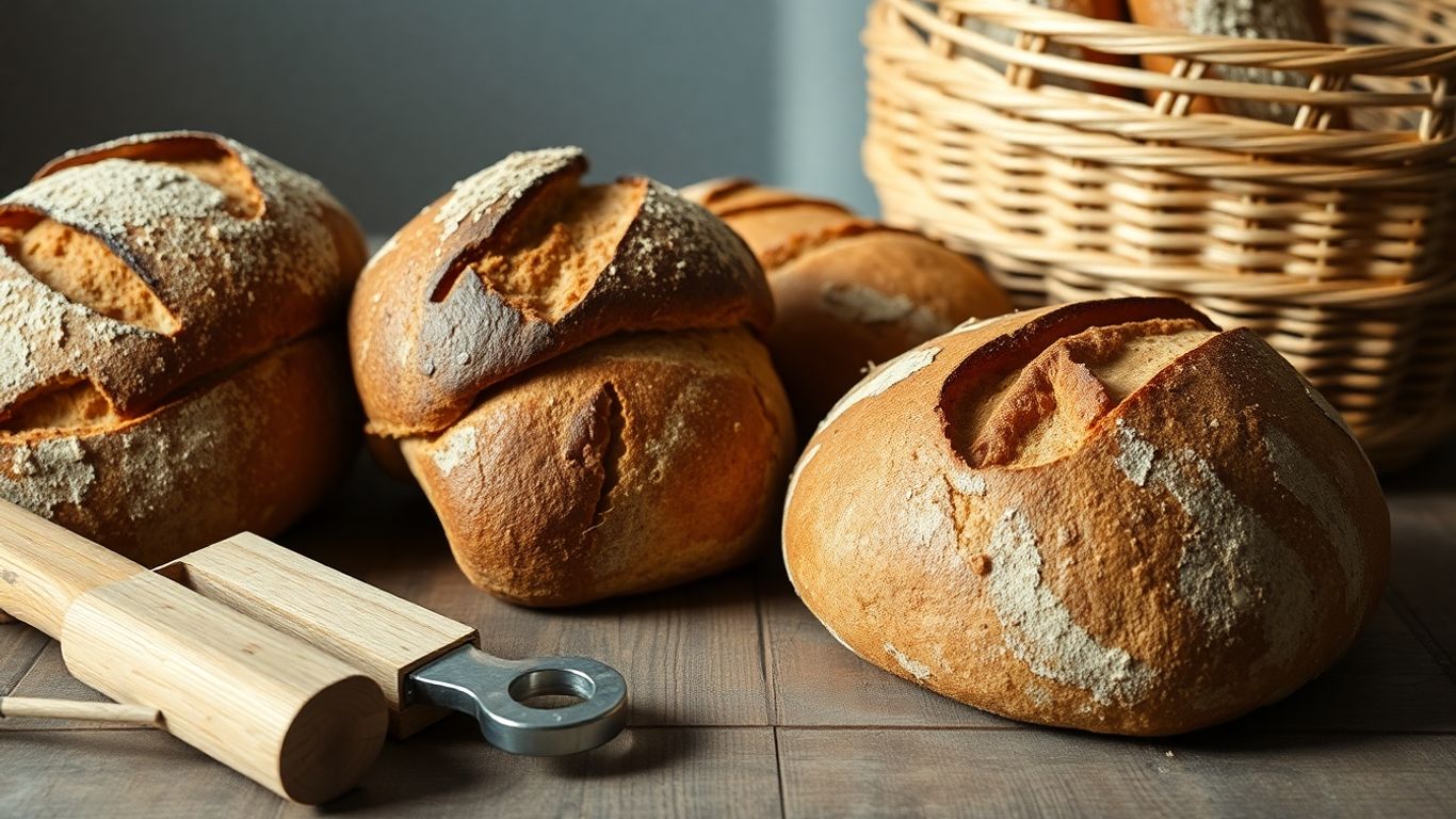 Assorted artisan bread loaves and baking tools on table.