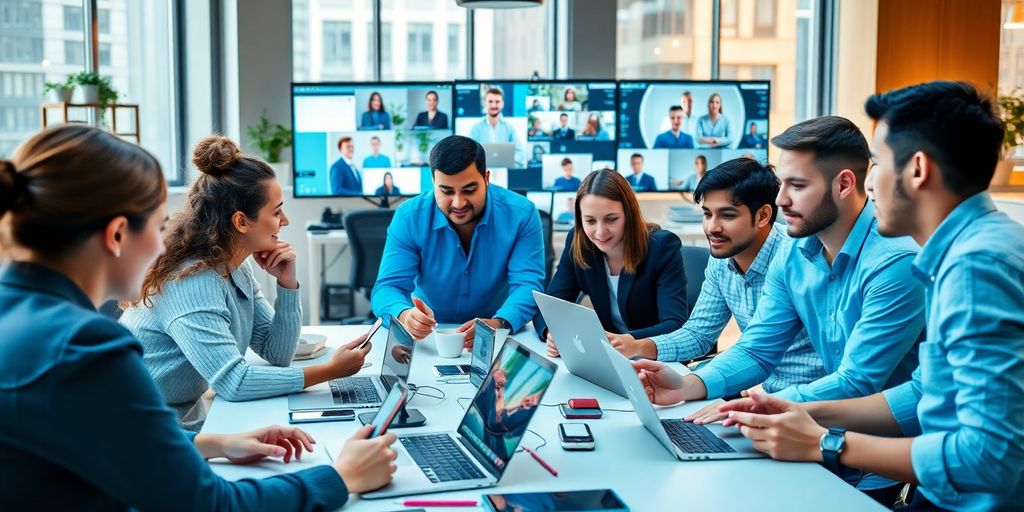 Diverse professionals collaborating in a high-tech workspace.
