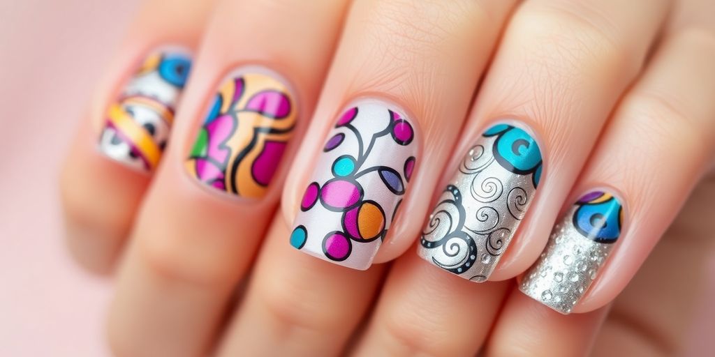 Unhas decoradas com arte em detalhes coloridos.