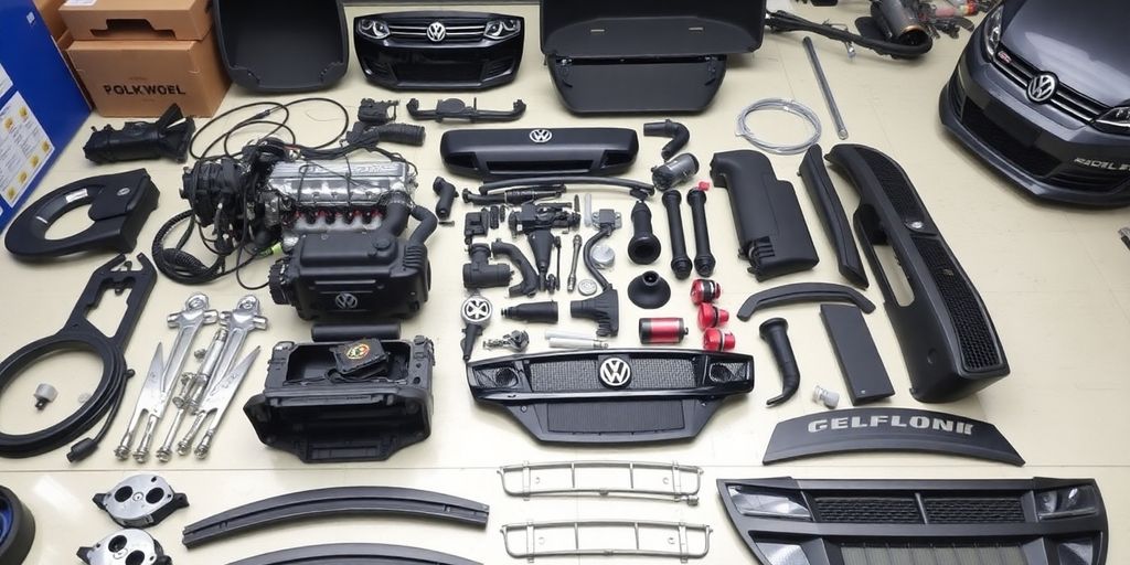 VW Golf parts arranged neatly.