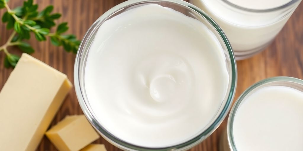 Bowl of homemade heavy cream with butter and milk.