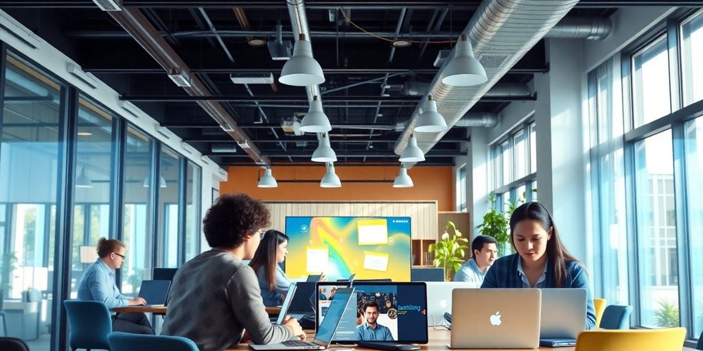 Modern office with teams collaborating on digital products.