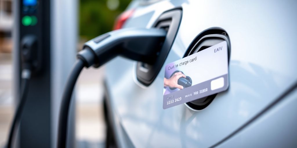 Electric vehicle charging with a charge card nearby.